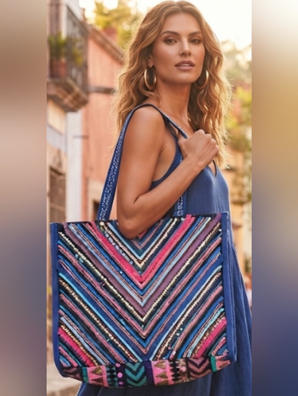 Embroidered Chevron Tote Bag in Blue, Coral & Teal